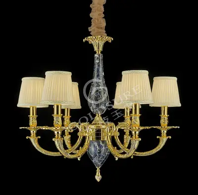 Đèn chùm cổ điển đồng màu vàng 24K, 6 bóng, Ø63 cm