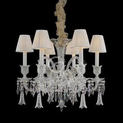 Đèn chùm tân cổ điển pha lê màu crom, 6 bóng, Ø63 cm (chao vải)