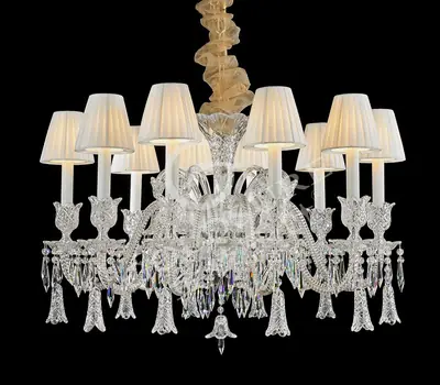 Đèn chùm tân cổ điển pha lê màu crom, 10 bóng, Ø84 cm (chao vải)