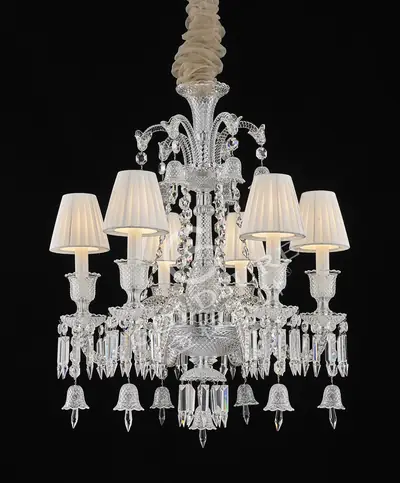 Đèn chùm tân cổ điển pha lê màu crom, 6 bóng, Ø62 cm (chao vải)