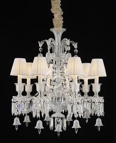 Đèn chùm tân cổ điển pha lê màu crom, 8 bóng, Ø68 cm (chao vải)
