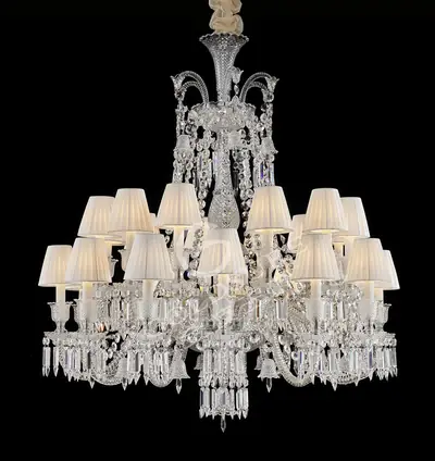 Đèn chùm tân cổ điển pha lê màu crom, 24 bóng, Ø108 cm (chao vải)