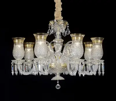 Đèn chùm tân cổ điển pha lê màu vàng 23K, 8 bóng, Ø83 cm