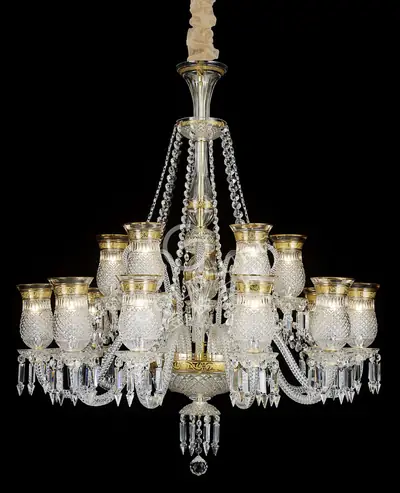 Đèn chùm tân cổ điển pha lê màu vàng 23K, 15 bóng, Ø105 cm