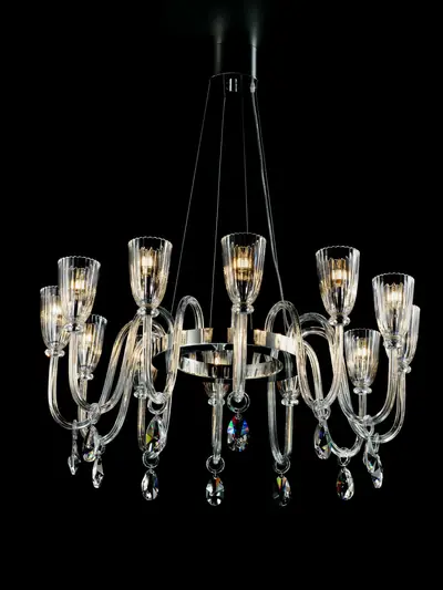 Đèn chùm tân cổ điển pha lê màu crom, 10 bóng, Ø85 cm