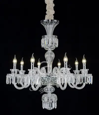 Đèn chùm tân cổ điển pha lê màu crom, 8 bóng, Ø82 cm (pha lê trong toàn bộ)