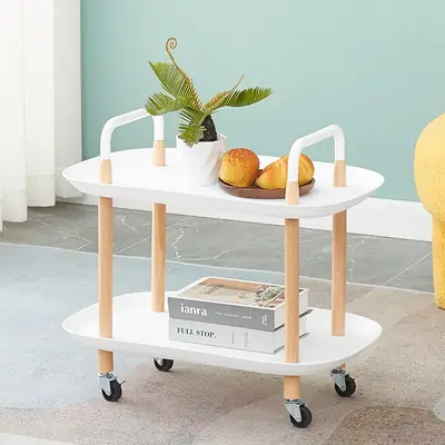 Xe đẩy 2 tầng mặt oval chân gỗ, 57 × 33 × 82 cm