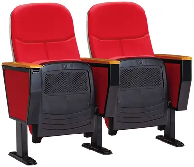 Ghế hội trường vỏ nhựa PP đúc nguyên khối, mút đúc nguội, tay vịn gỗ sồi, vỏ có lỗ tiêu âm