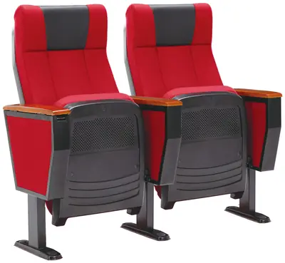 Ghế hội trường vỏ nhựa PP đúc nguyên khối, mút đúc nguội, tay vịn gỗ sồi, vỏ có lỗ tiêu âm, tựa đầu bọc da