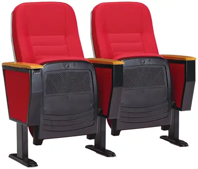 Ghế hội trường vỏ nhựa PP đúc nguyên khối, mút đúc nguội, tay vịn gỗ sồi, vỏ có lỗ tiêu âm