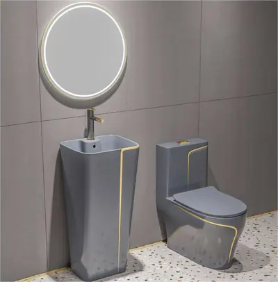 Bộ bồn cầu một khối và chậu rửa chân đứng liền khối men xám chỉ vàng