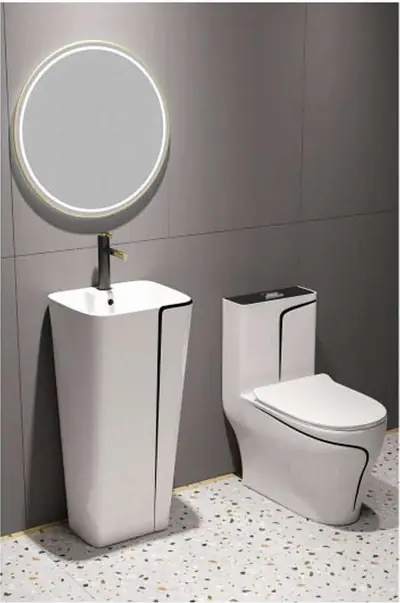 Bộ bồn cầu một khối và chậu rửa chân đứng liền khối men trắng chỉ đen