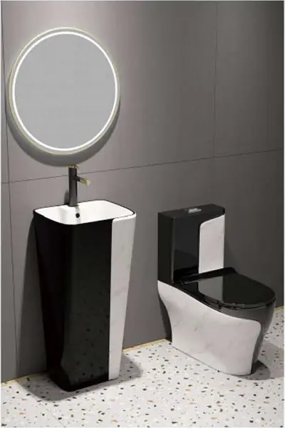 Bộ bồn cầu một khối và chậu rửa chân đứng liền khối men đen phối trắng vân đá