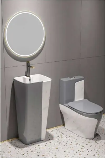Bộ bồn cầu một khối và chậu rửa chân đứng liền khối men xám phối trắng vân đá