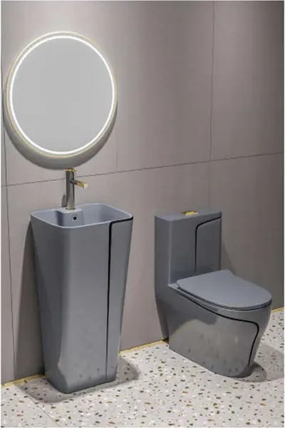 Bộ bồn cầu một khối và chậu rửa chân đứng liền khối men xám chỉ đen