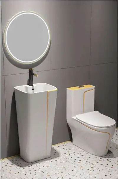 Bộ bồn cầu một khối và chậu rửa chân đứng liền khối men trắng phối kaki chỉ vàng