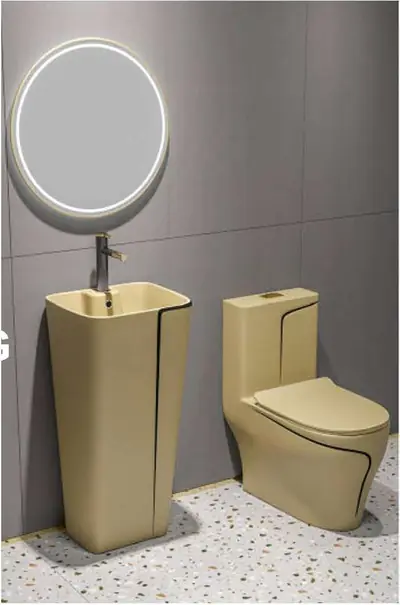 Bộ bồn cầu một khối và chậu rửa chân đứng liền khối men vàng kaki chỉ đen