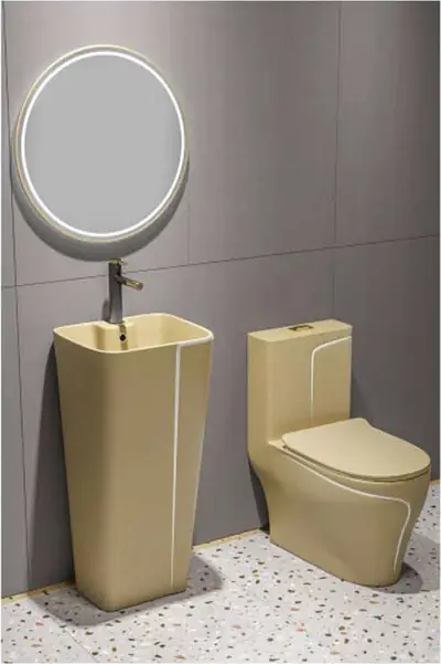 Bộ bồn cầu một khối và chậu rửa chân đứng liền khối men vàng kaki chỉ trắng
