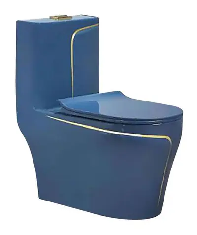 Bộ bồn cầu một khối và chậu rửa chân đứng liền khối men xanh dương chỉ vàng – ảnh 2