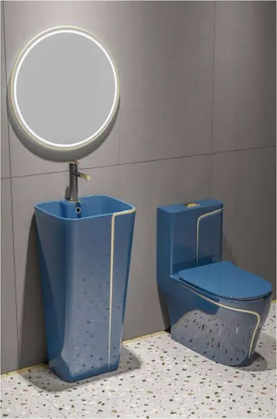Bộ bồn cầu một khối và chậu rửa chân đứng liền khối men xanh dương chỉ vàng