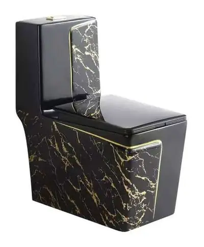 Bộ bồn cầu một khối và chậu rửa treo tường men đen vân đá chỉ vàng – ảnh 2
