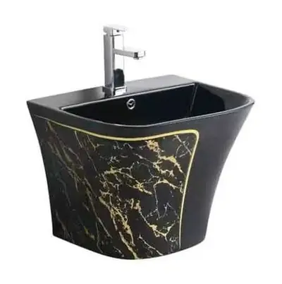 Bộ bồn cầu một khối và chậu rửa treo tường men đen vân đá chỉ vàng – ảnh 3