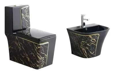 Bộ bồn cầu một khối và chậu rửa treo tường men đen vân đá chỉ vàng