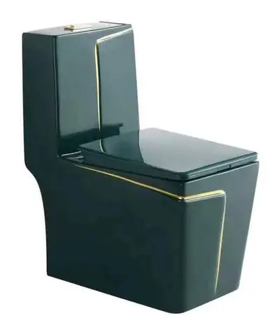Bộ bồn cầu một khối và chậu rửa treo tường men xanh lá đậm chỉ vàng – ảnh 2