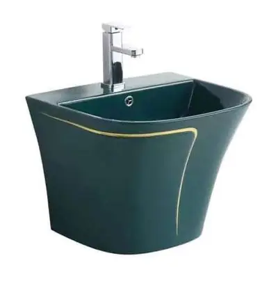 Bộ bồn cầu một khối và chậu rửa treo tường men xanh lá đậm chỉ vàng – ảnh 3