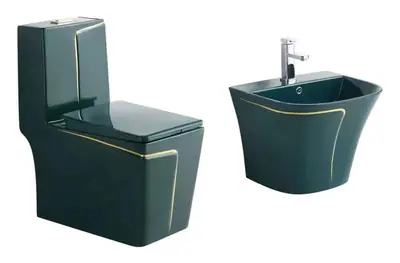 Bộ bồn cầu một khối và chậu rửa treo tường men xanh lá đậm chỉ vàng