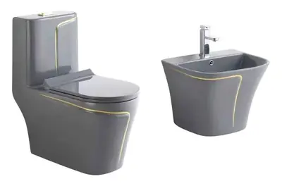 Bộ bồn cầu một khối và chậu rửa treo tường men xám chỉ vàng