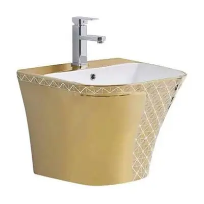 Bộ bồn cầu một khối và chậu rửa treo tường men vàng ánh kim vân lưới – ảnh 3