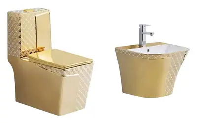 Bộ bồn cầu một khối và chậu rửa treo tường men vàng ánh kim vân lưới