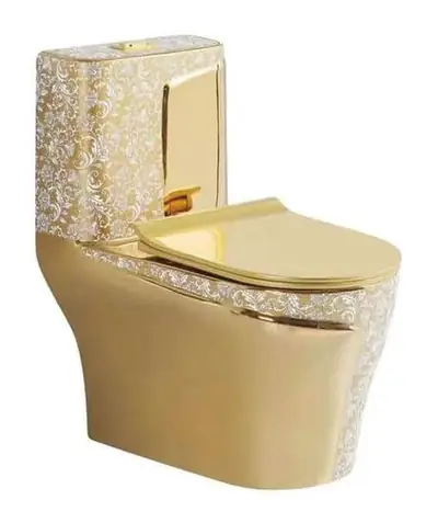 Bộ bồn cầu một khối và chậu rửa chân đứng liền khối men vàng ánh kim hoa văn – ảnh 2