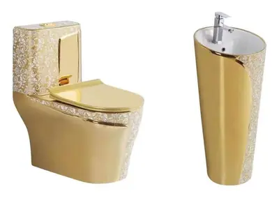 Bộ bồn cầu một khối và chậu rửa chân đứng liền khối men vàng ánh kim hoa văn