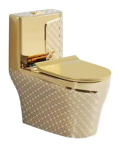 Bộ bồn cầu một khối và chậu rửa treo tường men vàng ánh kim vân lưới – ảnh 2