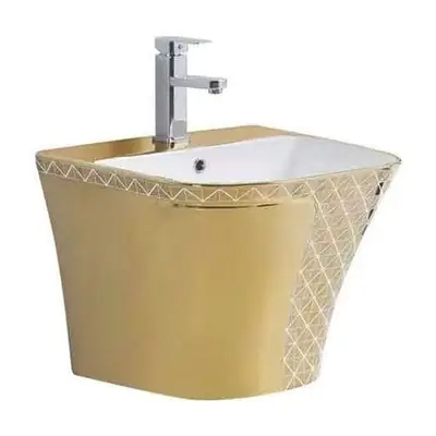 Bộ bồn cầu một khối và chậu rửa treo tường men vàng ánh kim vân lưới – ảnh 3