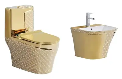 Bộ bồn cầu một khối và chậu rửa treo tường men vàng ánh kim vân lưới
