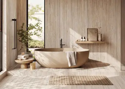 Đá nung kết vân travertine kem sọc thẳng, bộ sưu tập 2026 – ảnh 3