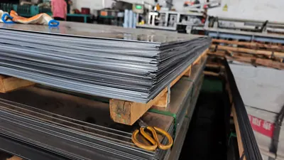 Mép các tấm inox xếp chồng trên pallet tại kho inox, 5/2026.