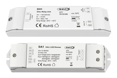 Ví dụ nhóm hàng điện và chiếu sáng LED: bộ relay và bộ dimmer điều khiển đèn LED chuẩn DALI